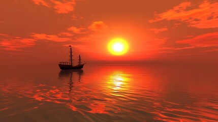 Fototapeta premium Lone Sailboat at Fiery Sunset