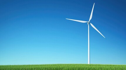 Obraz premium Wind turbine stands tall in a vibrant green field under clear blue sky
