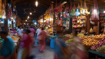 Obraz premium Traditional market with colorful stalls and figures in motion