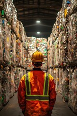 Obraz premium Worker in Safety Gear Observing Stacked Recyclable Materials in a Warehouse Environment with Industrial Lighting