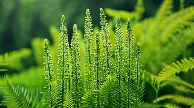 Lush green ferns and tropical foliage create vibrant outdoor garden, showcasing intricate patterns and textures of leaves that evoke beauty of nature.