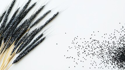 Black wheat and seeds on white background.  Concept of healthy food, harvest, agriculture.