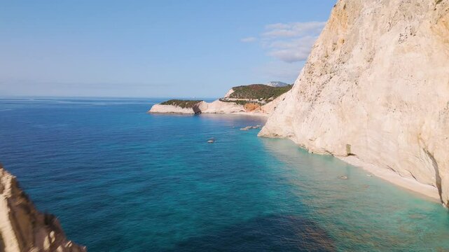 Aerial drone view of the beautiful beach Porto Katsiki on the island of Lefkada in Greece.