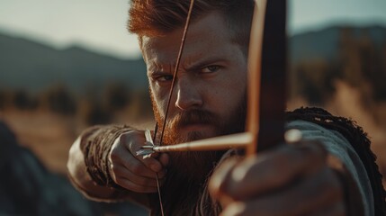 Close-up of a redhead archer aiming his bow and arrow outdoors.