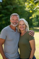 Obraz premium A man and woman are smiling for the camera. The man is wearing a gray shirt and the woman is wearing a green shirt. They are standing in a grassy area with trees in the background