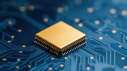 Close-up view of a gold processor on a blue circuit board highlighting intricate details