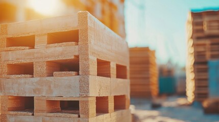 Close-Up of Stacked Wooden Pallets in Industrial Area with Soft Sunlight Creating a Warm Atmosphere and Blurred Background of Construction Materials