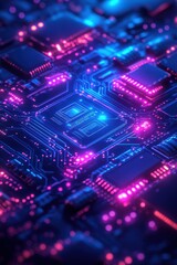 Fototapeta premium Futuristic Circuit Board with Glowing Neon Lights and Microchips in a High-Tech Digital Environment
