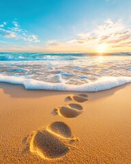 Mindfulness concept integrated with health-conscious living and lifestyle. Footprints in sand by the ocean at sunset with gentle waves