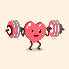 Cartoon cute heart character doing weight training with barbell for design.
