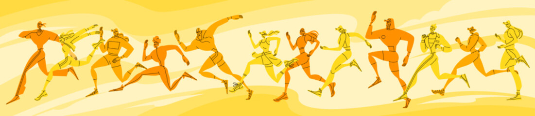 Runner character. Fast run. Fitness training. Men and women jogging. Speed sport competitions. Race winner. Success in marathon. Crowd of people. Athletes group. Vector abstract line yellow background