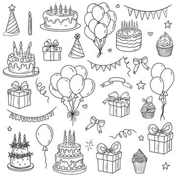 Happy birthday equipment for making birthday party in black isolated on white background. Hand drawn vector sketch illustration in doodle engraved vintage line art style. Balloons, gift box, cake