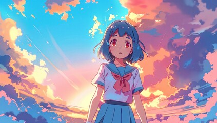 A young anime girl with blue hair stands against a vibrant sunset sky.  Her expression is pensive, and the colors are warm and dreamy.