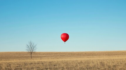 Colorful Red Hot Air Balloon Ascending Over a Serene Golden Field Under a Clear Blue Sky, Capturing the Essence of Adventure and Freedom in Nature