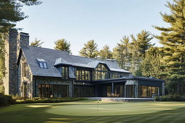 A stunning country club building designed, with stone and wood accents on an elegant dark gray shingle roof, overlooking pine trees in New England, featuring large windows