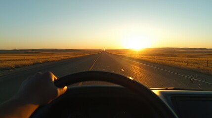 Driving through a vast landscape at sunset with a clear horizon ahead