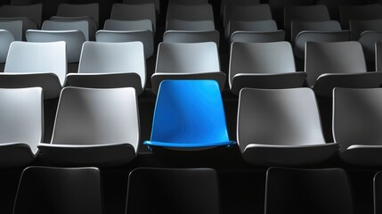Repetitive blackandwhite stadium seats with one blue seat centered