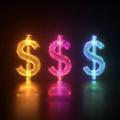 Vibrant neon dollar signs representing wealth and financial transactions.