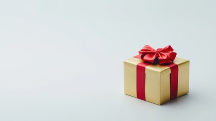 Obraz premium Beautiful golden gift box with red ribbon ready for a special occasion celebration