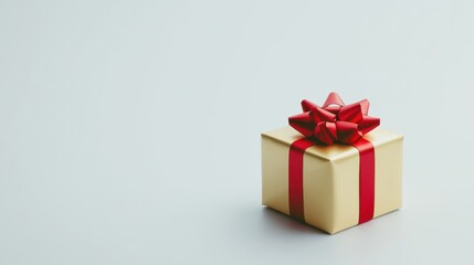 Obraz premium Golden gift box with red bow placed elegantly against a light backdrop