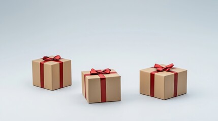 Fototapeta premium Elegant golden gift boxes with vibrant red bows arranged on a light background