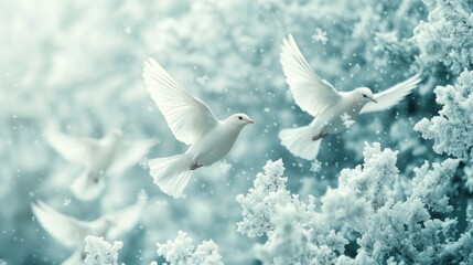 Obraz premium Three white doves fly in front of a snowy, frosted tree with a soft blue background.