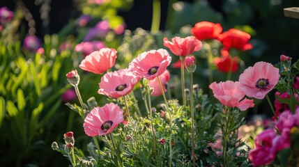 Bright pink and red flowers blooming in a garden during springtime.