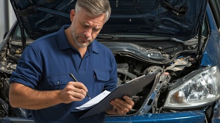 Insurance premium disaster concept. A mechanic inspects a vehicle's engine while taking notes on a clipboard, ensuring proper maintenance and repairs.