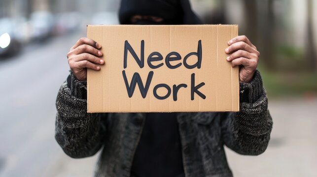 Person holding cardboard sign seeking employment on a city street