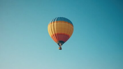 Naklejka premium A colorful hot air balloon floats serenely against a clear blue sky.