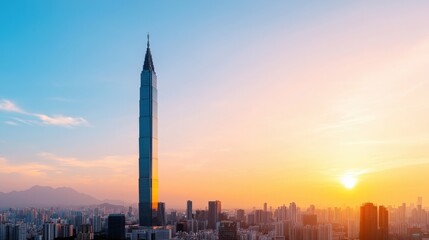 Naklejka premium A stunning skyline view featuring a tall tower against a vibrant sunset, highlighting the beauty of urban architecture and natural light.