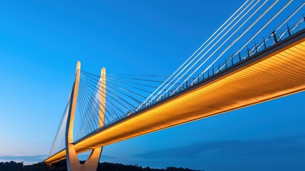 Fototapeta premium A stunning suspension bridge illuminated at dusk, showcasing elegant architectural lines against a vibrant blue sky.
