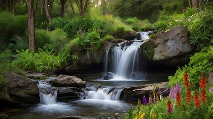 Fototapeta premium Serene Waterfall Cascades Through Lush Forest Garden