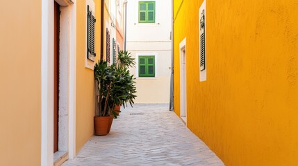 A colorful alleyway featuring vibrant yellow and white walls, green windows, and a potted plant, creating a charming and inviting atmosphere.