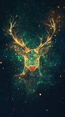 Fototapeta premium Neon outline of reindeer with golden antlers and red nose