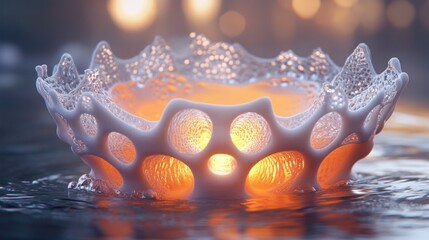 Fototapeta premium Abstract white crown-shaped object with glowing light inside floating on a still water surface with a blurry background.