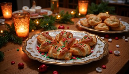 Festively decorated Danish pastries served on an ornate platter surrounded by candles and holiday decor