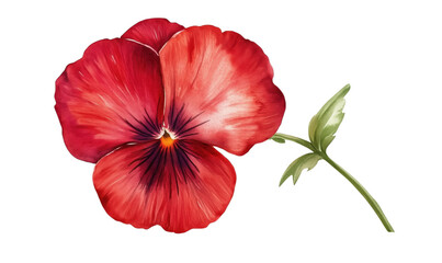 Red pansy flower illustration, vibrant petals, detailed shading, green leaf, botanical art, isolated on transparent background, png