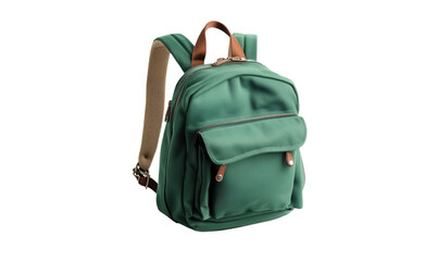 Naklejka premium Green backpack with leather accents, stylish design, spacious compartments, ideal for daily use, travel, or school., isolated on transparent background, png