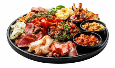 Charcuterie platter featuring assorted meats, cheeses, and condiments. Variety of cured meats, cheeses, fresh vegetables, and dips arranged beautifully., isolated on transparent background, png