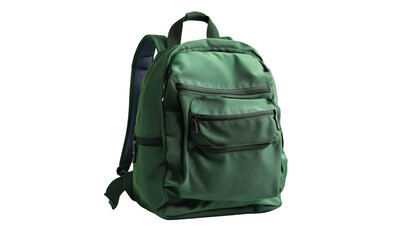 Green backpack with multiple pockets and straps, ideal for school or travel, featuring durable fabric and ergonomic design, isolated on transparent background, png