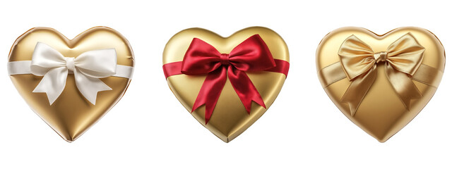 heart shape gold gift box with satin bow on transparent background
