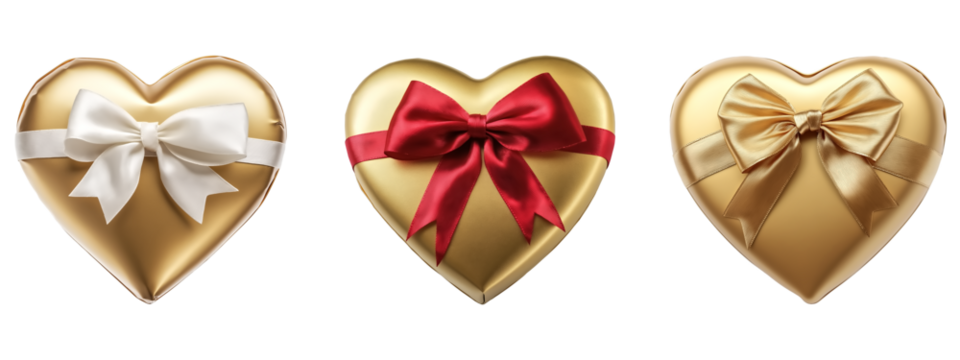 heart shape gold gift box with satin bow on transparent background