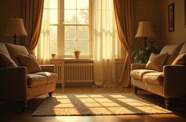 Cozy home living room in warm sunlight