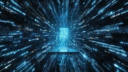 Obraz premium A laptop computer sits in the center of a digital tunnel, surrounded by flowing binary code.