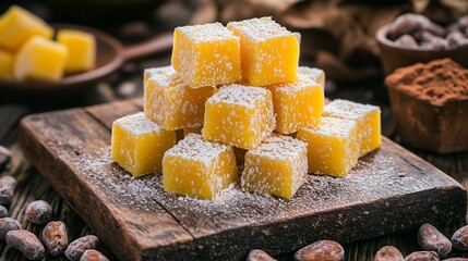 Golden marshmallow fudge cubes stacked on a rustic wooden tray, surrounded by cocoa beans and powdered sugar dust