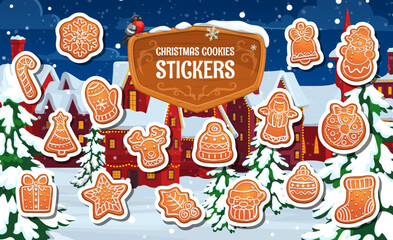 Christmas gingerbread cookie stickers pack arranged in festive winter village scene with snow covered trees and houses capturing the holiday spirit. Cartoon vector charming seasonal pastry patches set