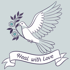 A beautiful dove like bird flying with flowing  on white background