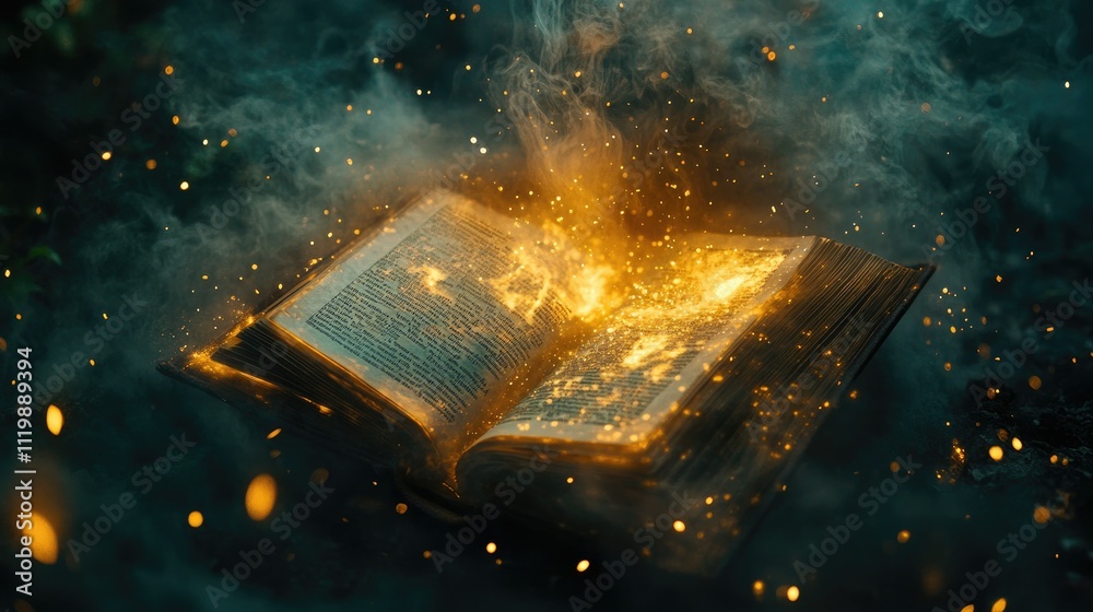 Poster Enchanted Open Book with Illuminating Sparkles and Magical Dust Creating a Dreamlike Atmosphere in a Mystical Setting of Light and Shadow
