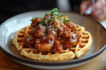 Fototapeta premium A Plate of Chicken and Waffles Held in a Hand